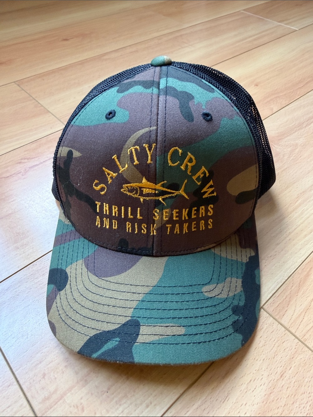 Salty Crew Camouflage Trucker Hat - Green and Brown with Yellow Embroidery